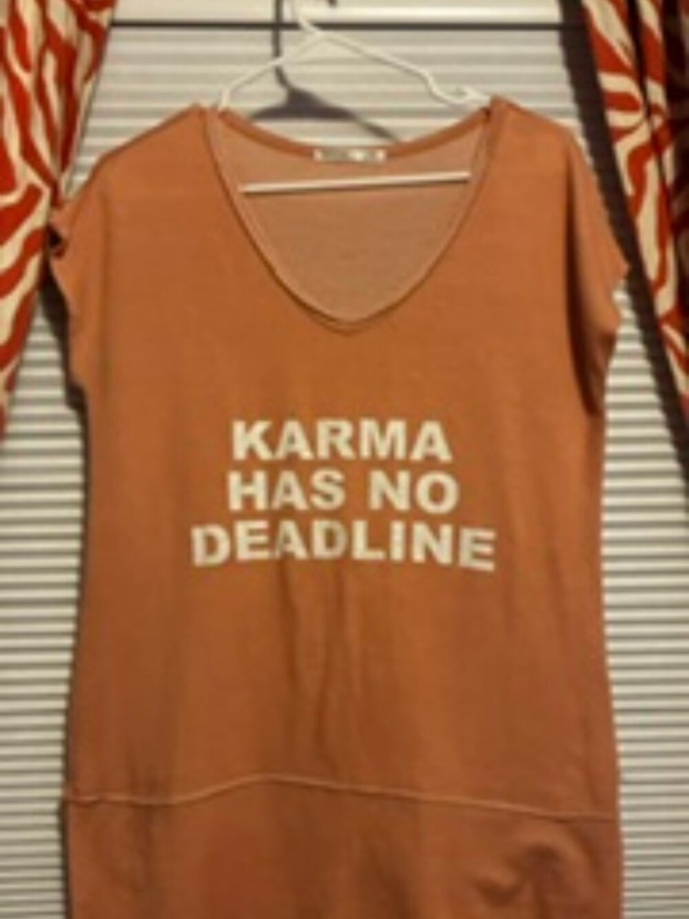 "Karma Has No Deadline" Slub Short Sleeve Tee, Size Small, Cotton poly blend